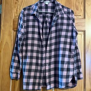 Pink and gray checkered flannel shirt, size medium, worn but good condition.